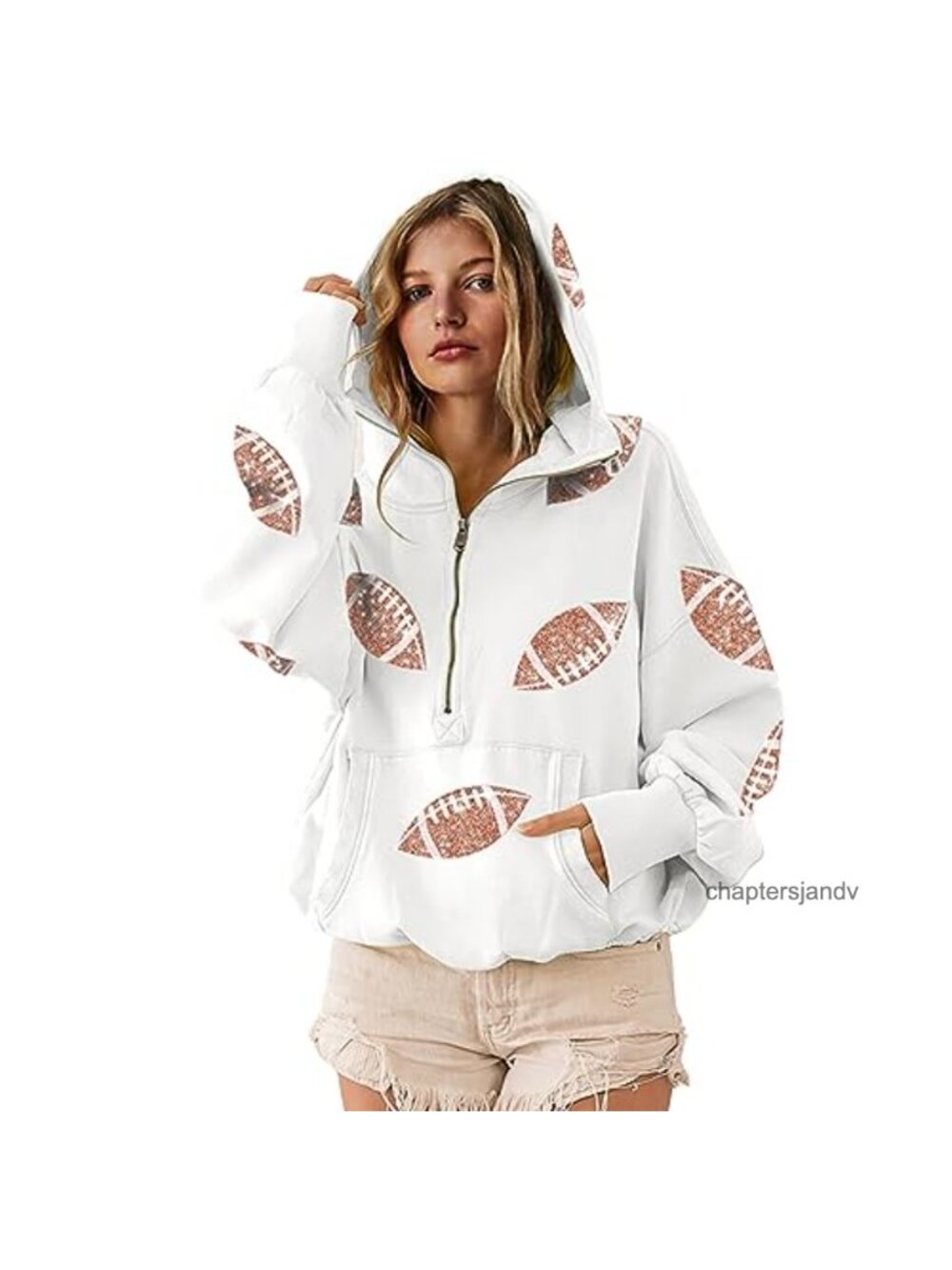 Sequin Football Hoodie Sweatshirt Half Zip Kangaroo Pocket Oversized